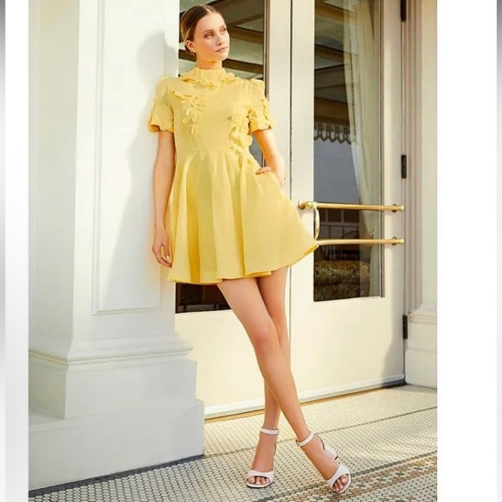 Antonio Melani Iris Linen Blend Floral Appliqué Mockneck Dress Sunshine Yellow - Picture 9 of 16